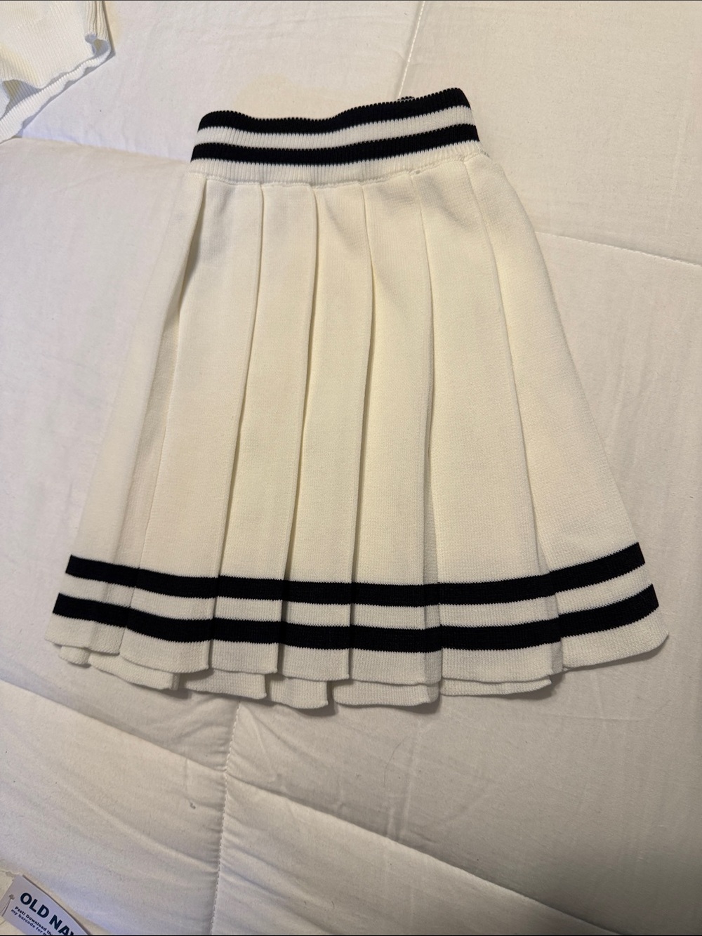 Trendy White Knit Polo Top & Pleated Mini Skirt Set with Black Stripes - Picture 7 of 11